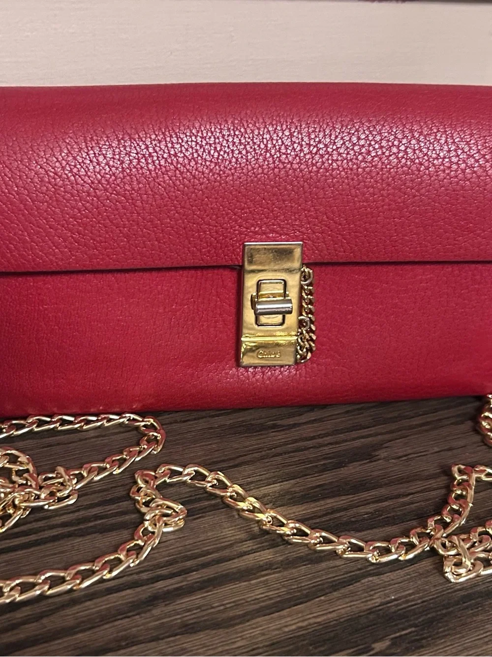 Chloe Drew Red Leather Chain-Accent Clutch with Gold Hardware